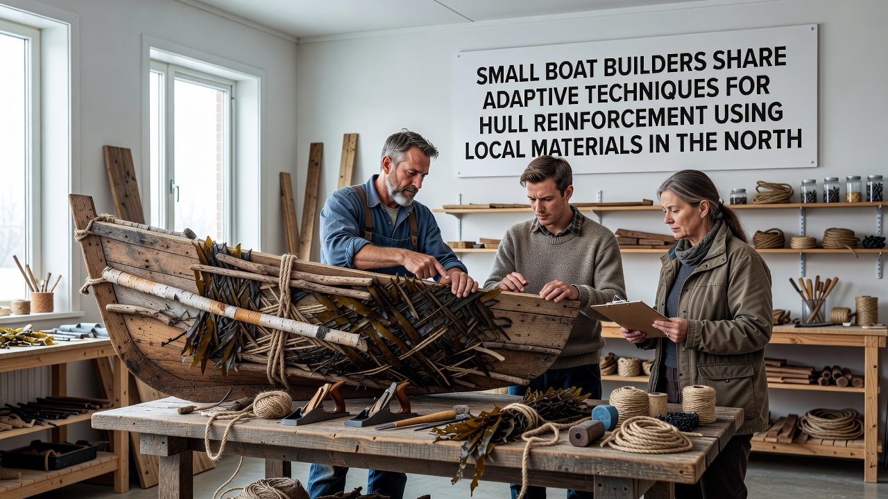 Group of small boat builders examining reinforced hull sections made from regional materials